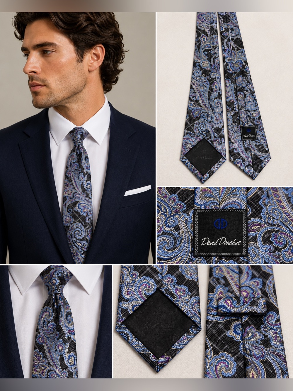 David Donahue 100% Silk Tie Blue Purple Paisley Handmade USA Luxury Men’s Tie